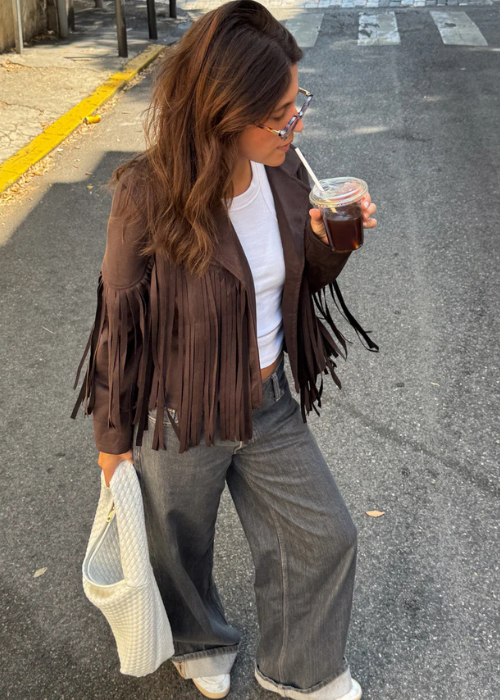 Veste à franges en daim chocolat