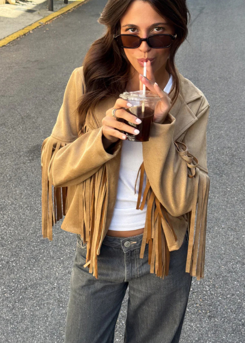 Veste à franges en daim marron